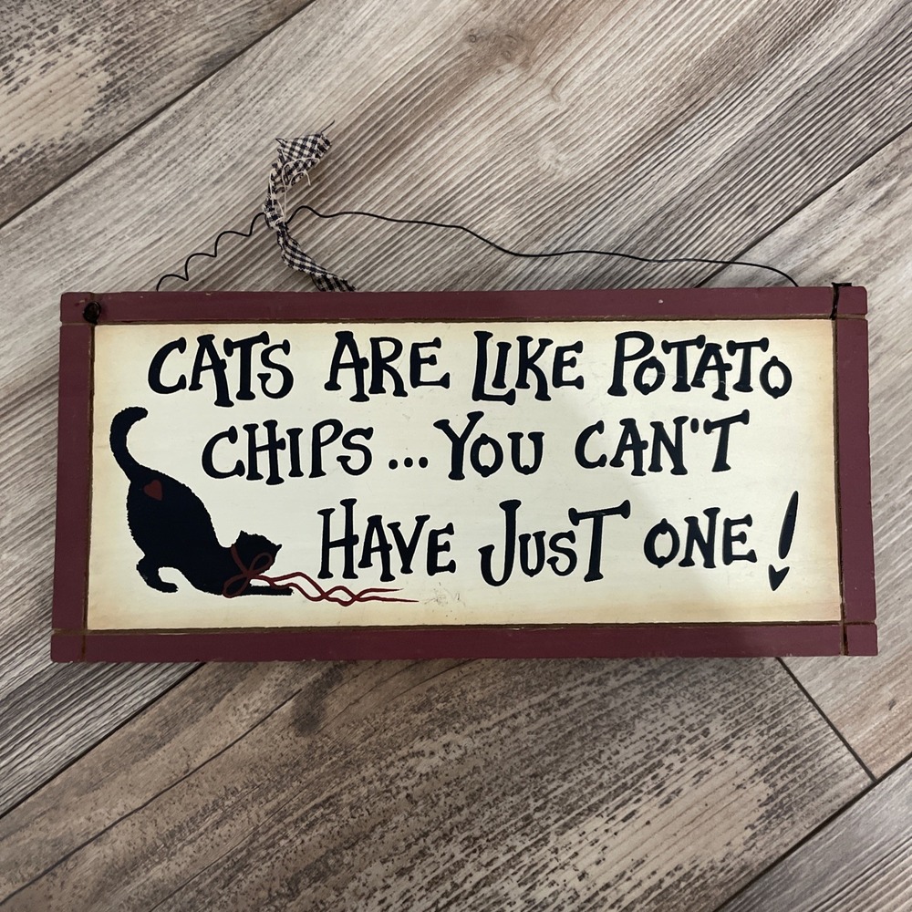 Funny Black Cat  Wooden Sign w/ Wire Hanger.  Pre-Loved In Good Condition 12×5.5
